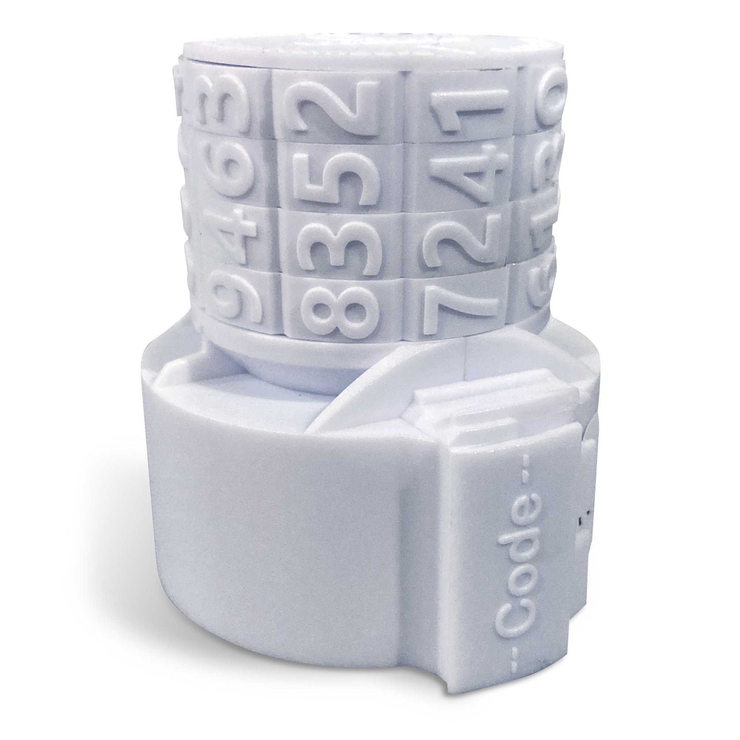 Image shows an Rx Locking Cap - a white cap with a 4-digit combination lock on top. 