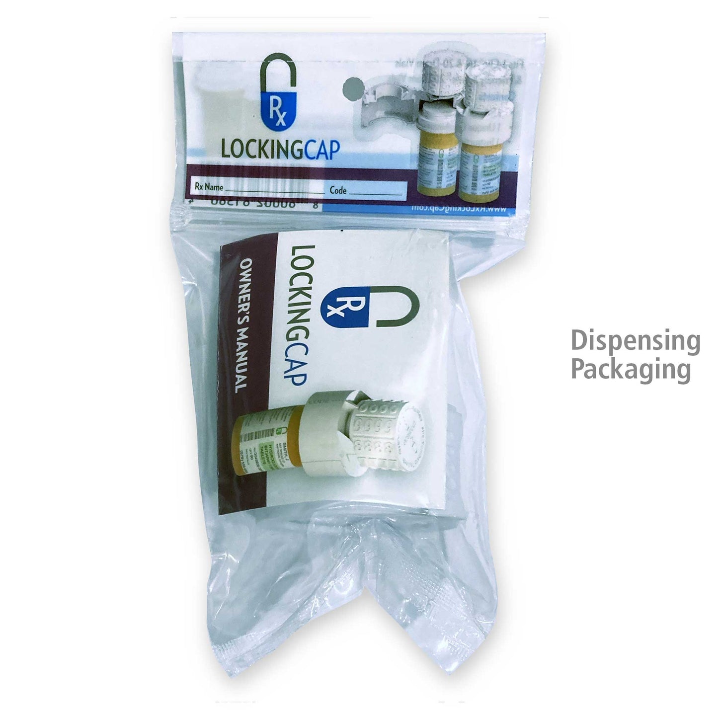A plastic bag with the "Rx Locking Cap" logo at the top. The bag contains the Rx Locking Cap owner's manual and product. Text reads "Dispensing Packaging."