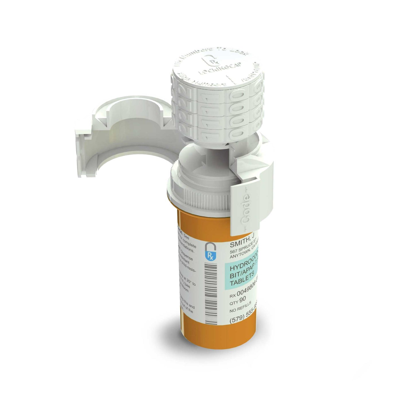 An orange pill bottle on a white background. The Rx Locking Cap product is on top. It's a white cap with a four-digit combination lock. The lock is shown in its open state.