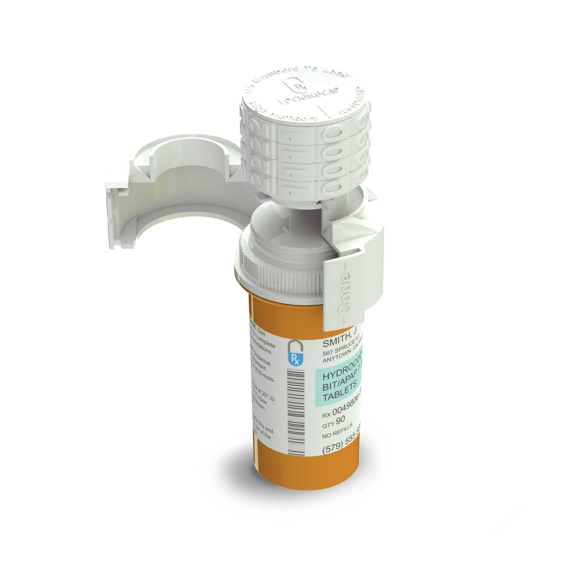An orange pill bottle on a white background. The Rx Locking Cap product is on top. It's a white cap with a four-digit combination lock. The lock is shown in its open state.