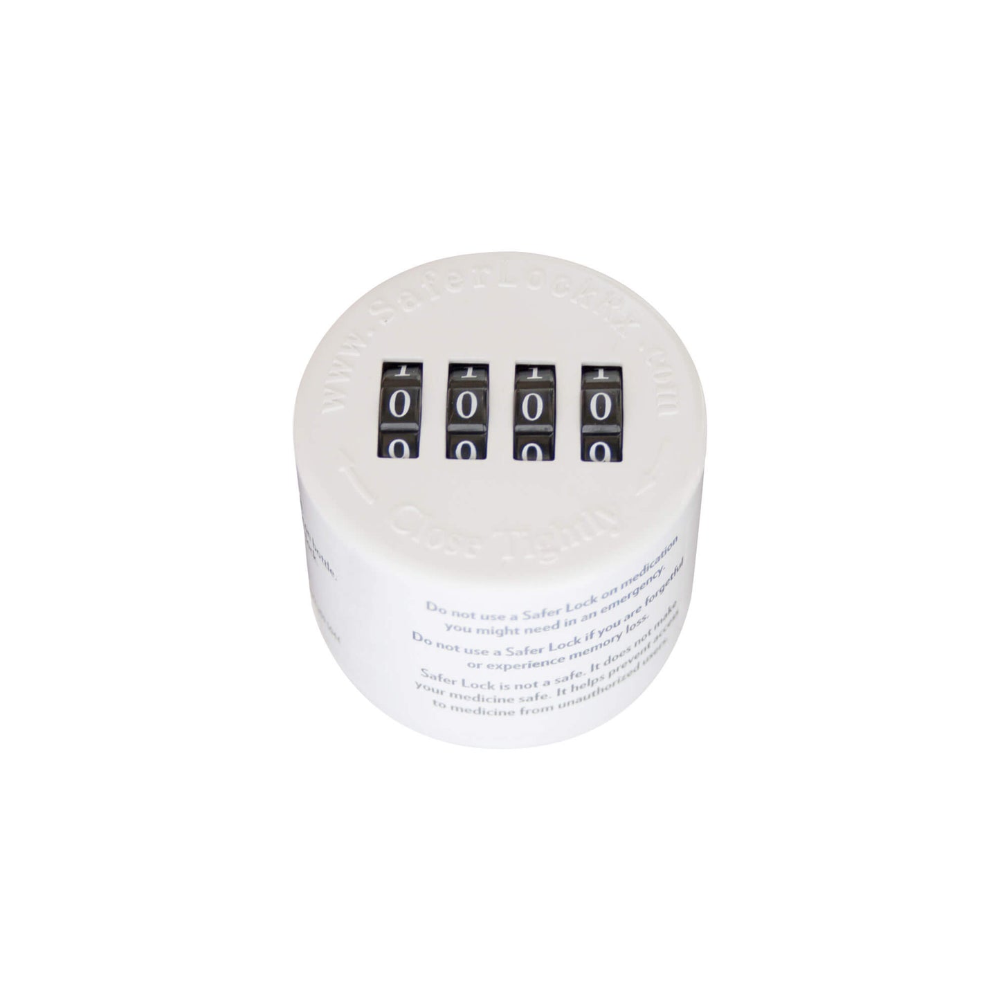 A Safer Lock locking bottle cap shown from the top down. The cap is white with a black four-digit combination lock on top.