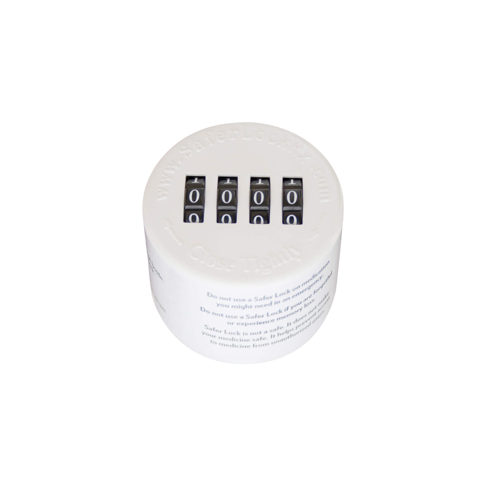 The Safer Lock cap shown from the top down. It is a white cap with a four-digit combination lock.