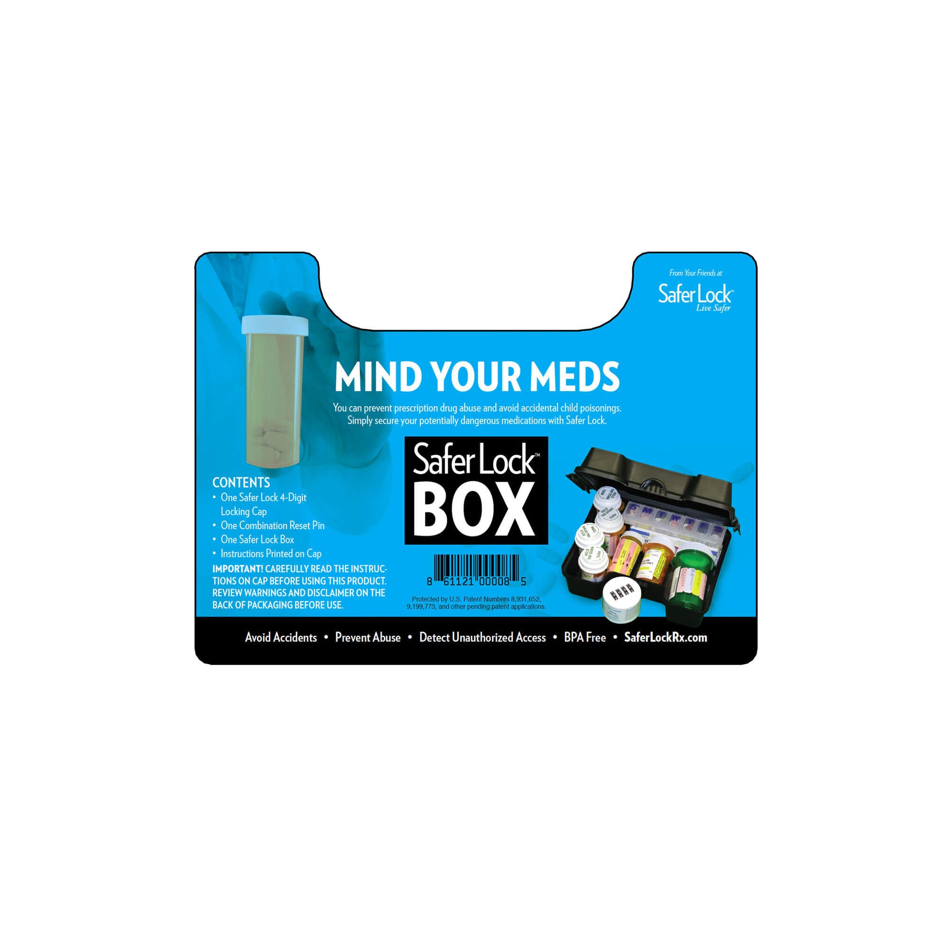 A graphic showing the design for the front of the Safer Lock box. It is teal with "Mind Your Meds" written on it, followed by product information.