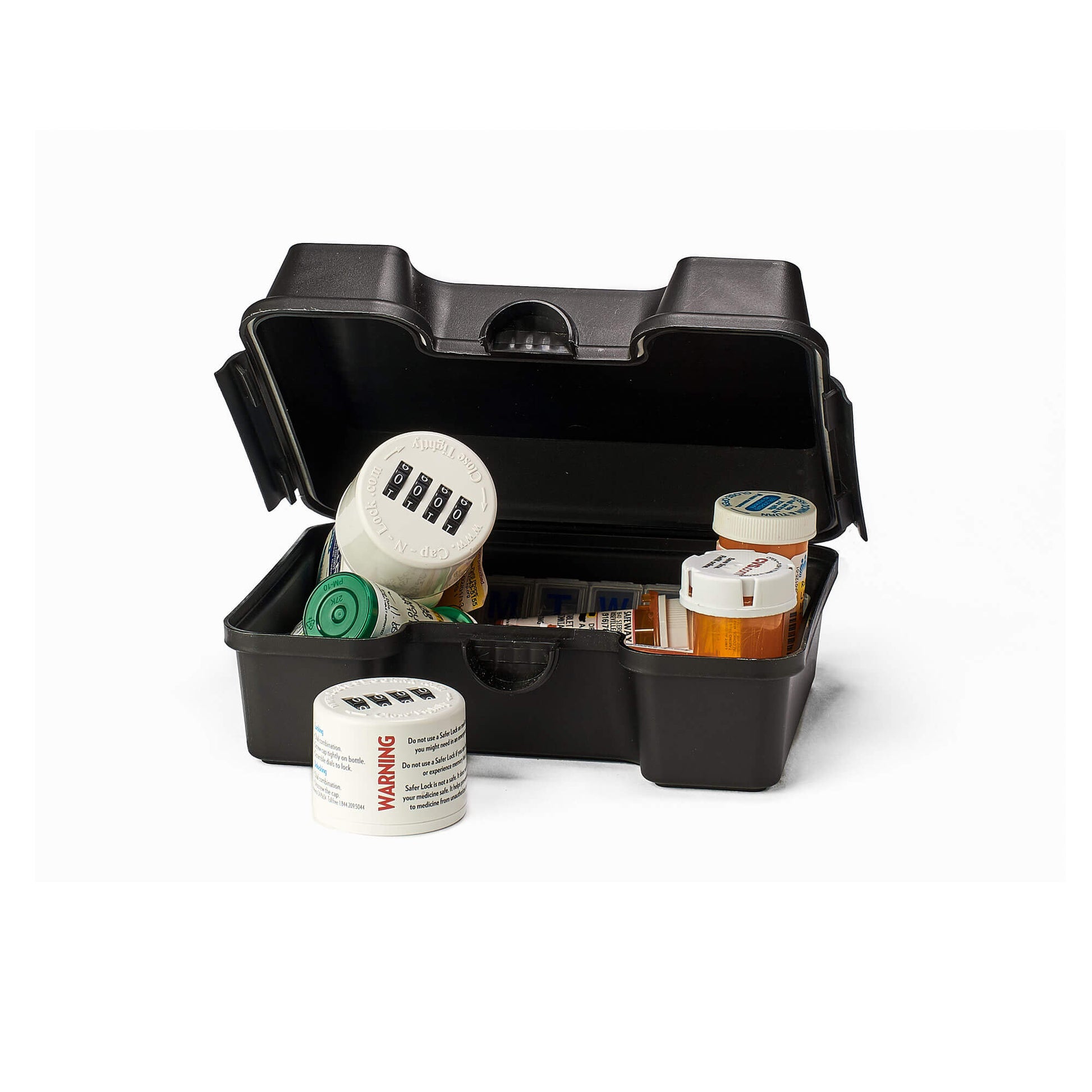 The Safer Lock box, a black box with a white cap and combination lock. The box is open showing pill bottles inside.