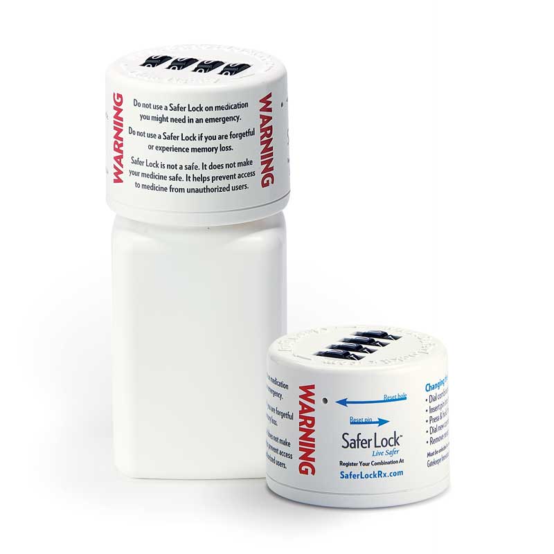 A Safer Lock medication locking cap. It is a white cap with a warning label on the side and a 4-digit combination lock on top.