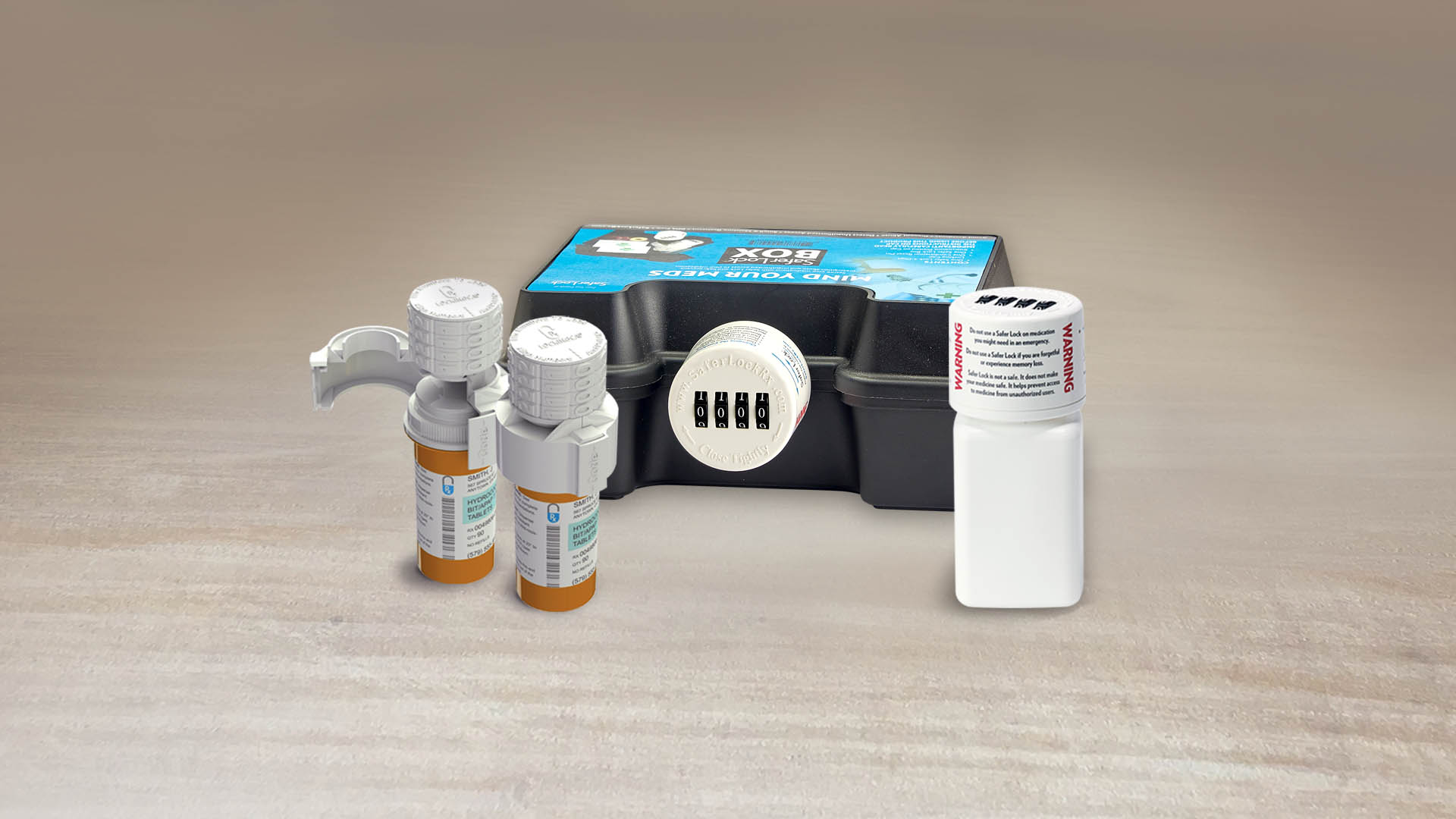 A collection of Rx Guardian products. Two Rx Locking Caps on orange pill bottles, a black Safer Lock box with a white cap, and a white Safer Lock bottle with locking cap.