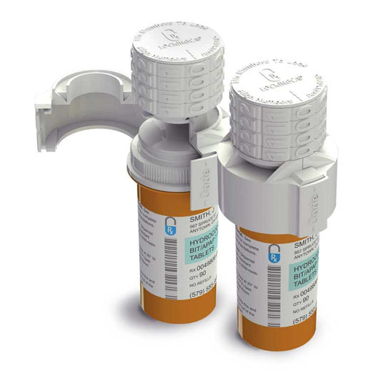Image shows two prescription bottles side-by-side on a white background. Each bottle has a Rx Locking Cap with a four-digit combination lock. 