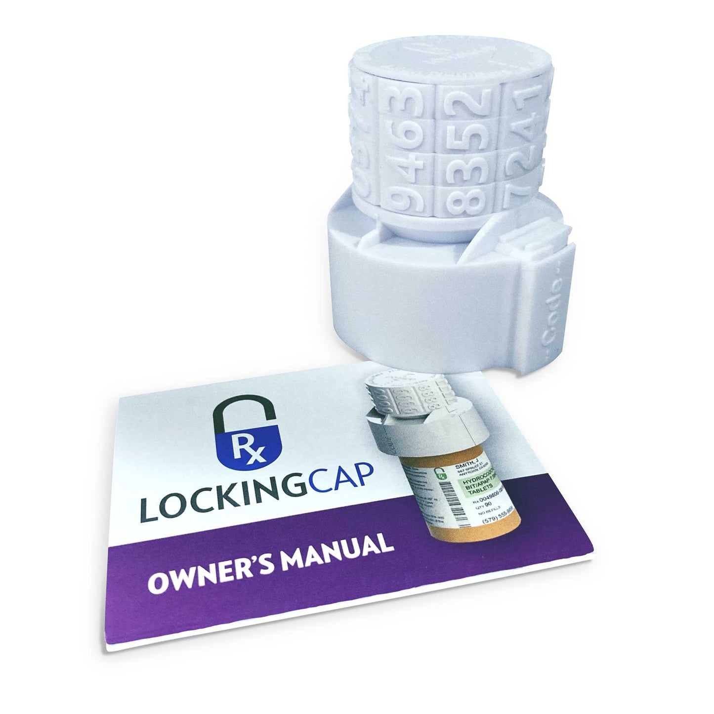 A white Rx Locking Cap next to a booklet reading "Rx Locking Cap Owner's Manual." 