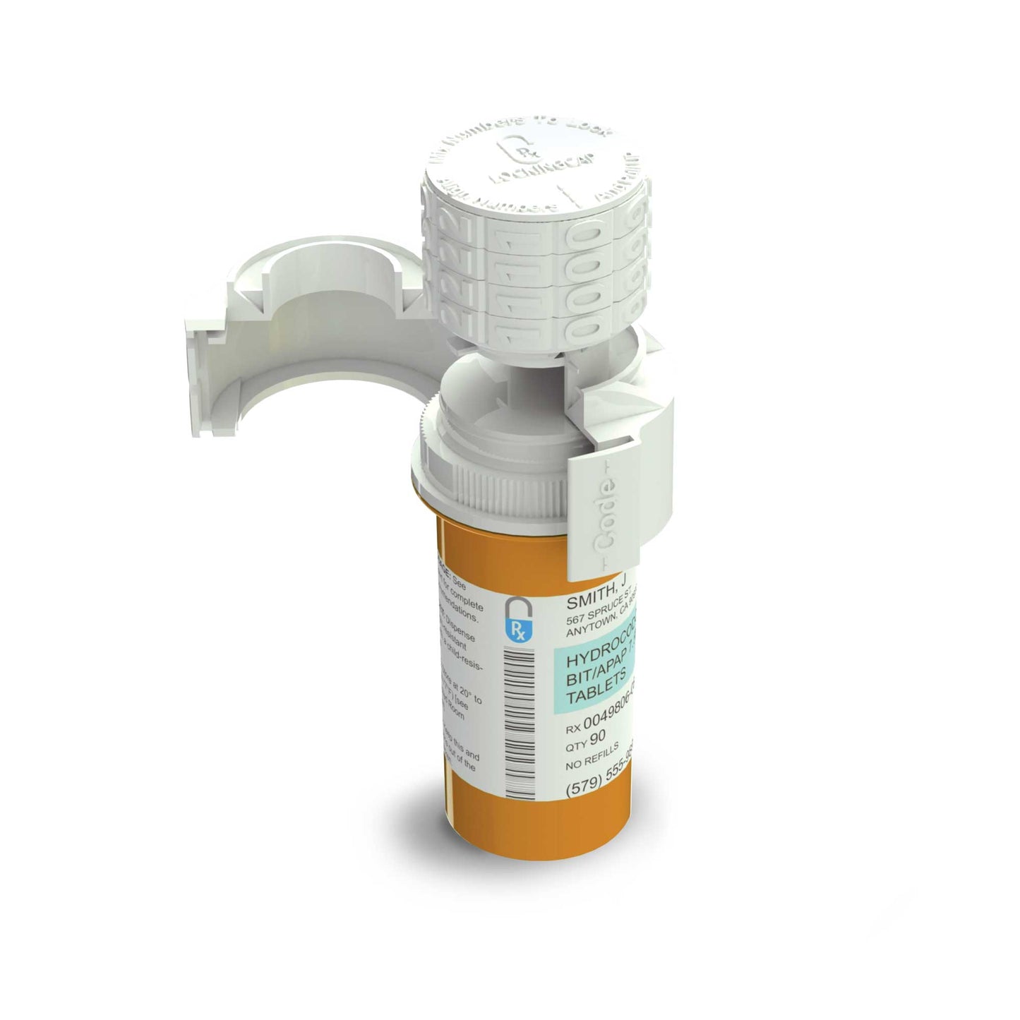An orange pill bottle on a white background. The Rx Locking Cap product is on top. It's a white cap with a four-digit combination lock. The lock is shown in its open state. 