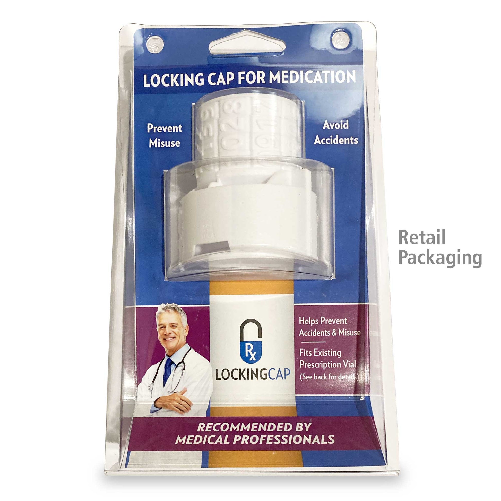 The Rx Locking Cap is shown in its retail packaging. It's wrapped in plastic with the text "Locking Cap for Medication. Prevent Misuse, Avoid Accidents."