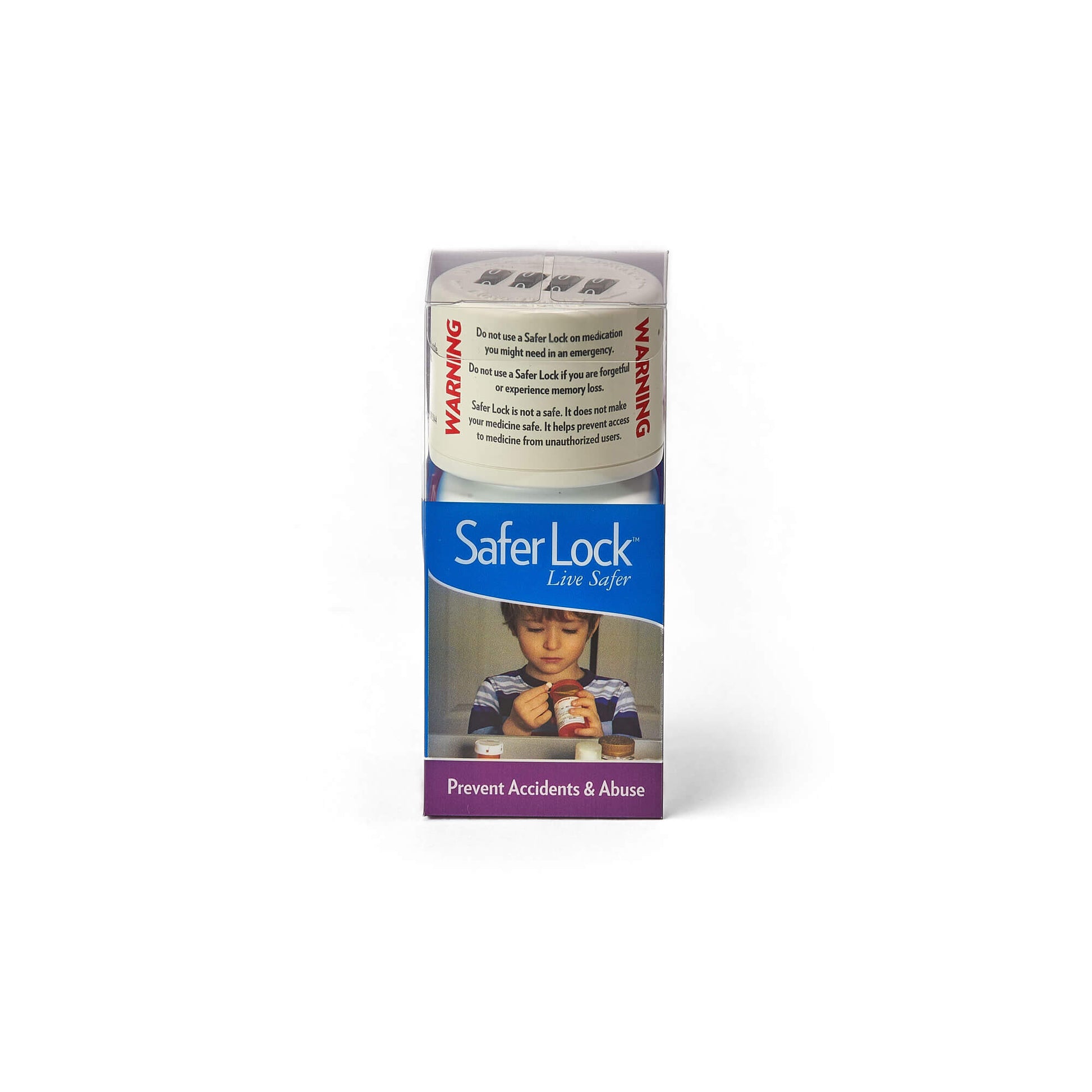 The Safer Lock product in a retail box. On the front of the box is the Safer Lock logo and an image of a young boy holding an open pill bottle. 