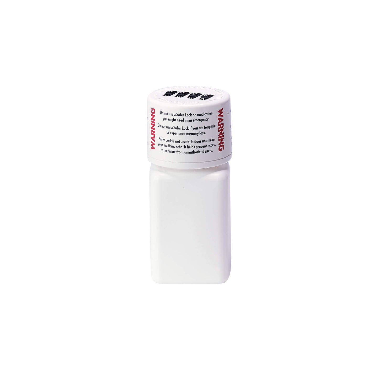 A white Safer Lock cap on a white pill bottle against a white background. 
