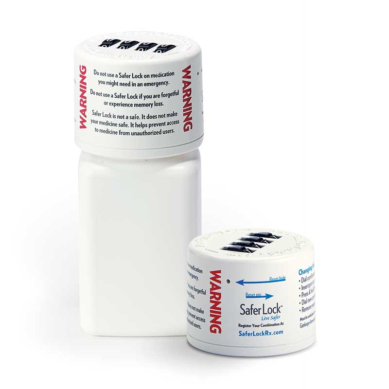 A Safer Lock medication locking cap. It is a white cap with a warning label on the side and a 4-digit combination lock on top. 